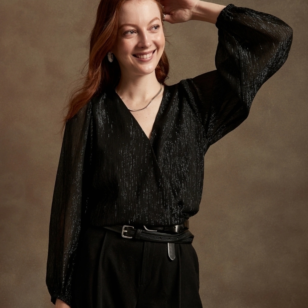 Banana Republic Chiffon Blouson-Sleeve Crinkle Blouse